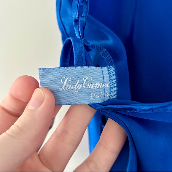 Vintage 1980s Lady Cameo of Dallas Electric Blue Satin Slip Dress w/ High Slit - Picture 13 of 14